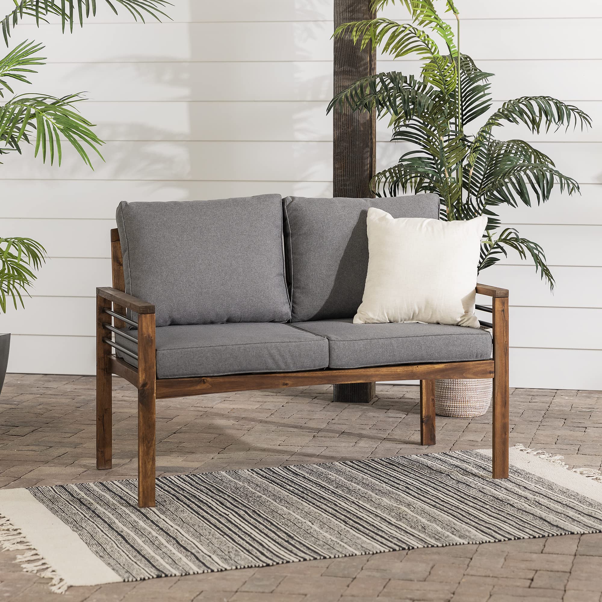 2 Person Outdoor Patio Modern Wood and Metal Loveseat with Washable Cushions