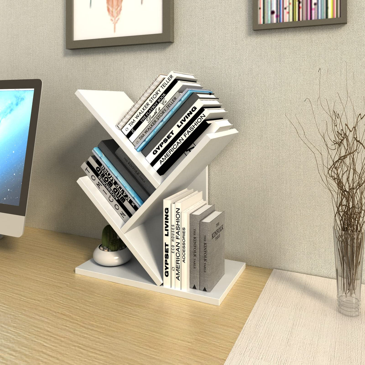 Tree Bookshelf, 3-Tier Book Storage Organizer Shelves Floor Standing Bookcase