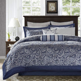 Madison Park Aubrey Cozy Comforter Set, Faux Silk Jacquard Paisley Design - All Season Down Alternative Bedding with Cotton Bed Sheets, Bed Skirt & Toss Pillows, Queen Navy 12 Piece