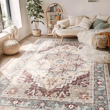 Kokia Washable Area Rugs 8x10 Living Room Boho Non Slip Thin Carpet Stain Resistant Vintage Multicolor Floral Printed Oriental Foldable Distressed Rug for Bedroom Kitchen Indoor House