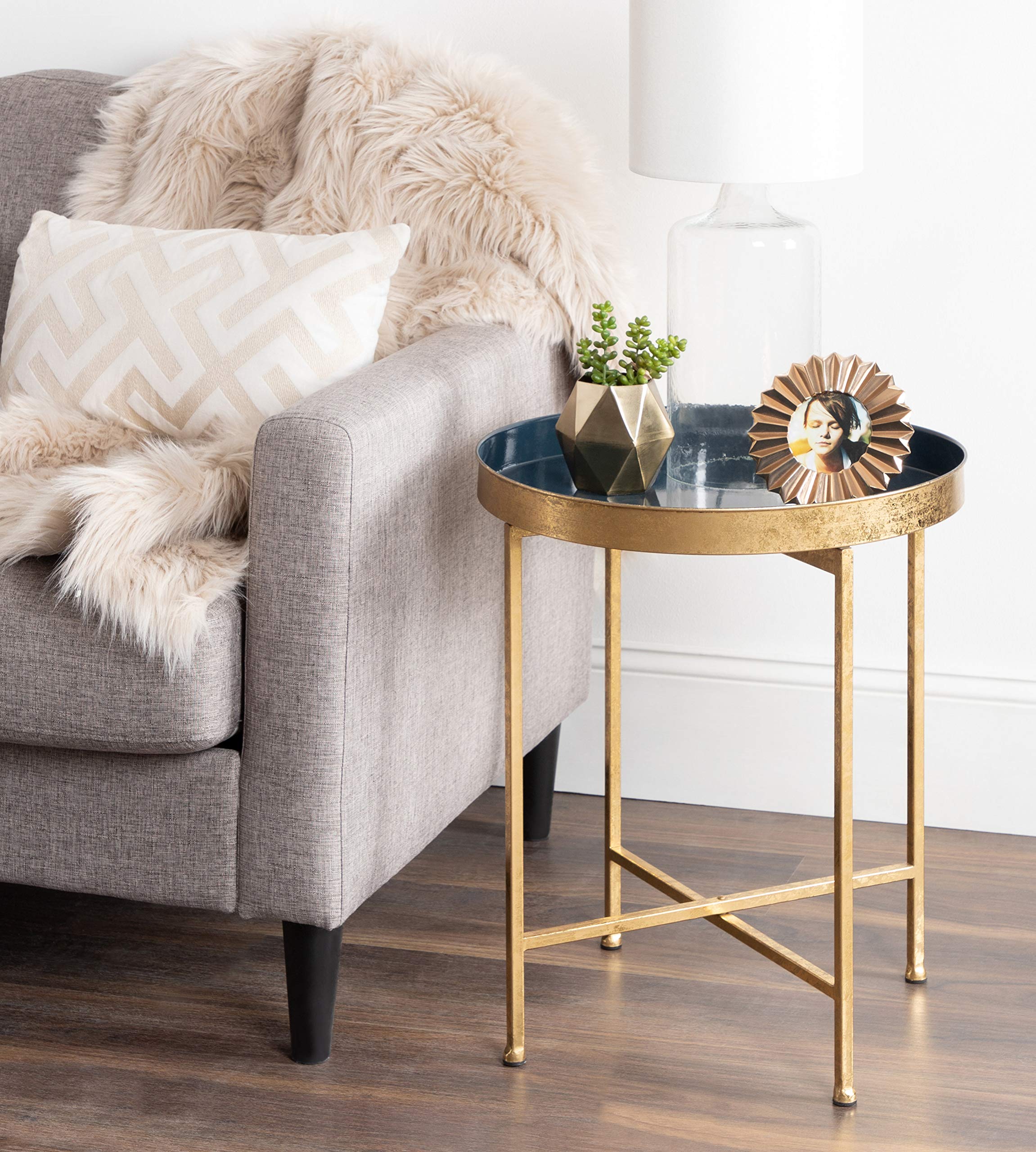 Celia Metal Foldable Round Accent Table, 18.25" x 18.25" x 22", Navy Surface