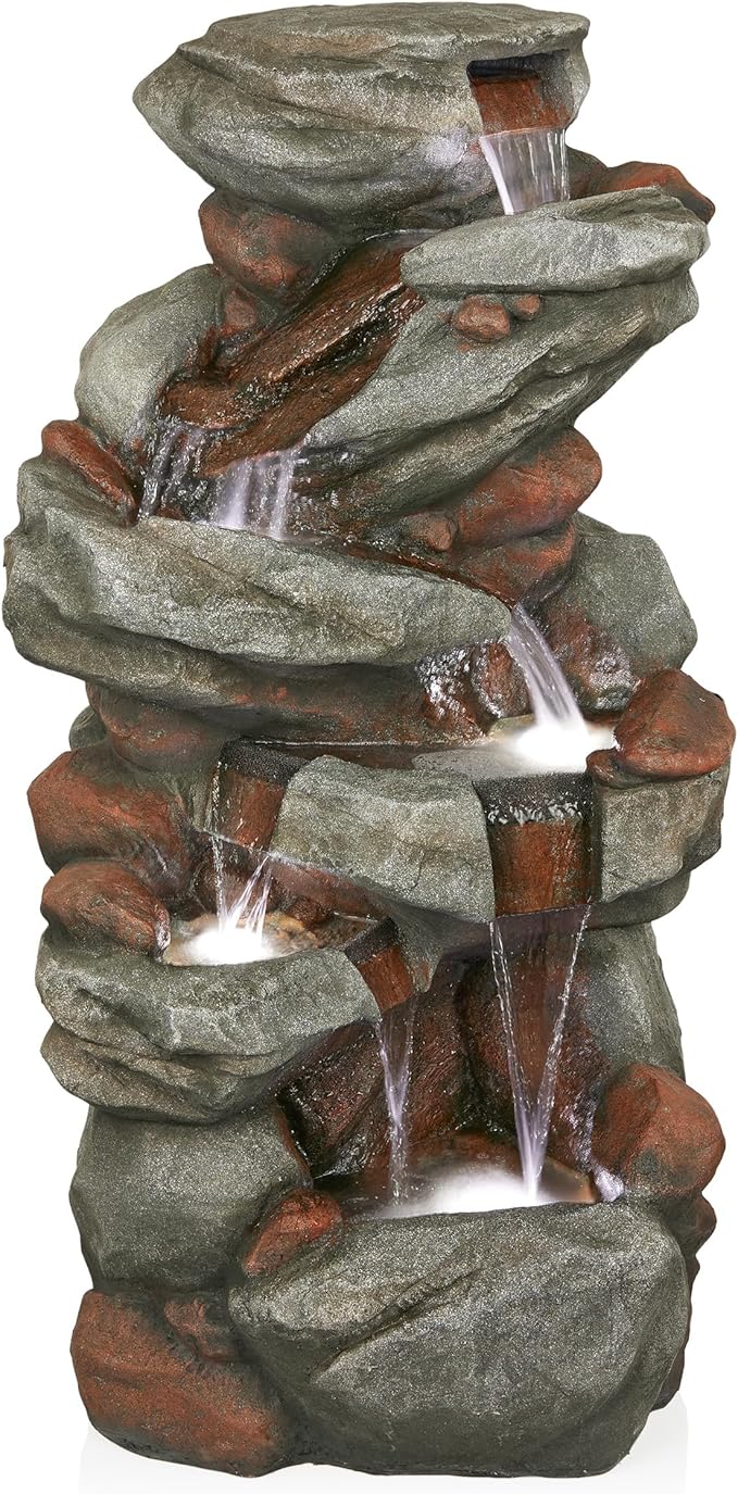 3-Tier Rock Waterfall Fountain with LED Lights for Garden, Patio, Yard, and Porch Decor,