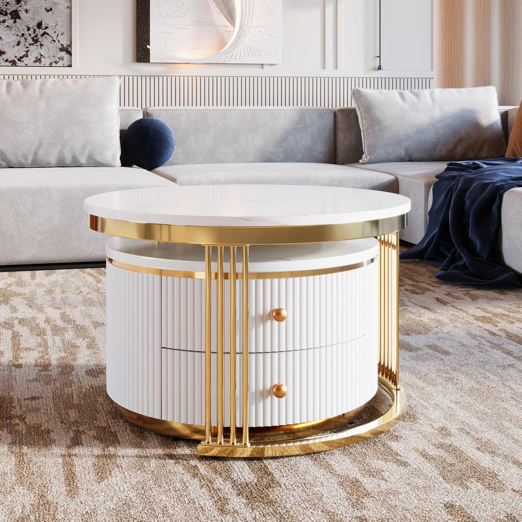 Modern Round Nesting Coffee Tables Set of 2, White with Gold Base