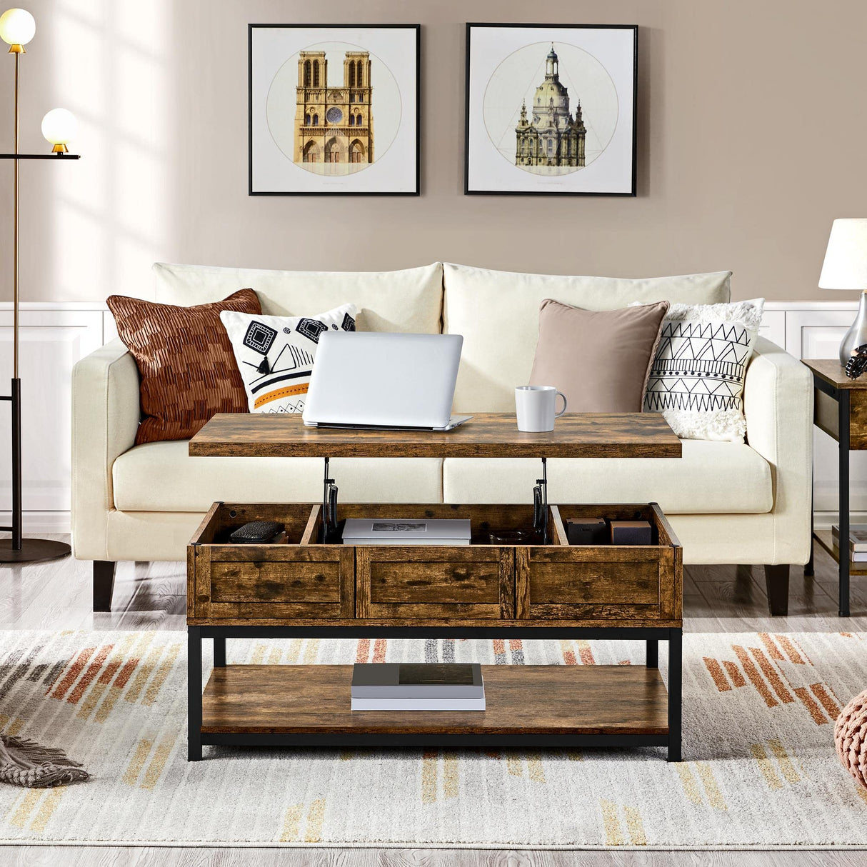 Rustic Lift Top Coffee Table w/Hidden Compartment & Open Shelf, Lifting Tabletop Coffee