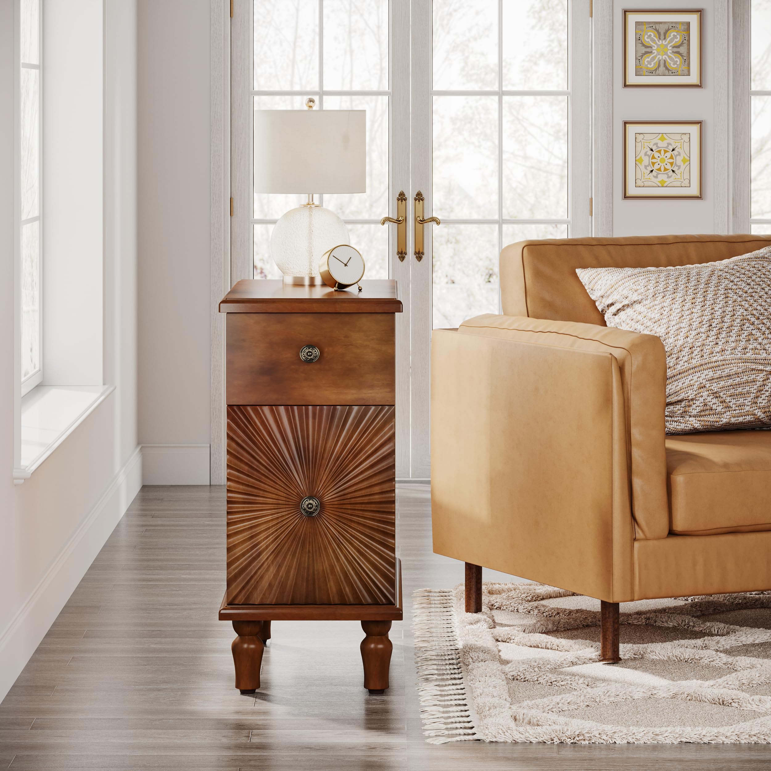 Sunburst End Table Set of 2, No Assembly Required 2 Drawers Sofa Side Table with Sunbeam Texture