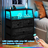 EnHomee Nightstand Set of 2, Night Stand with Charging Station & LED Lights, Bedside Table with 4 Fabric Drawers for Bedroom, Side Table with Outlets and 2 USB Ports, Blcak