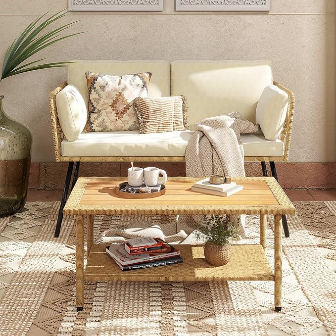 2 Pieces Patio Furniture Set, All-Weather Wicker Rattan Loveseat