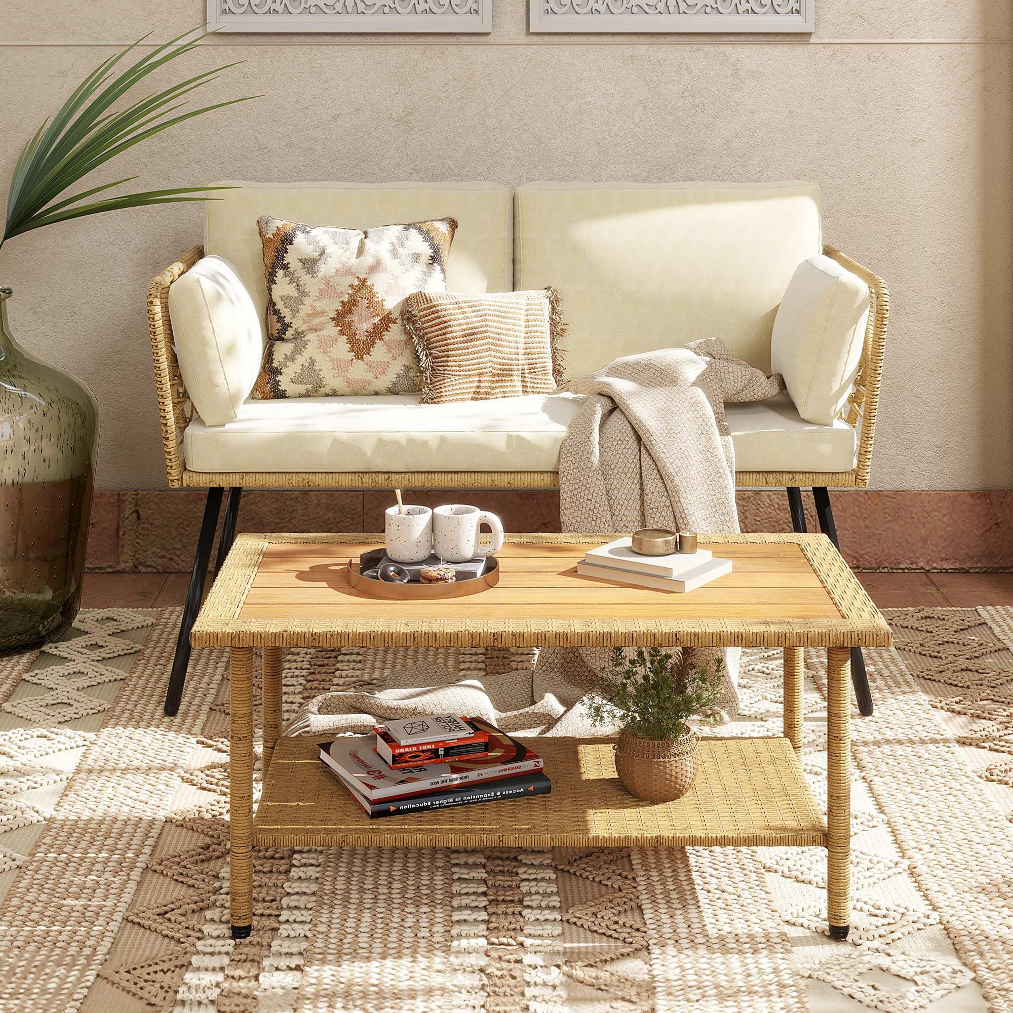 2 Pieces Patio Furniture Set, All-Weather Wicker Rattan Loveseat