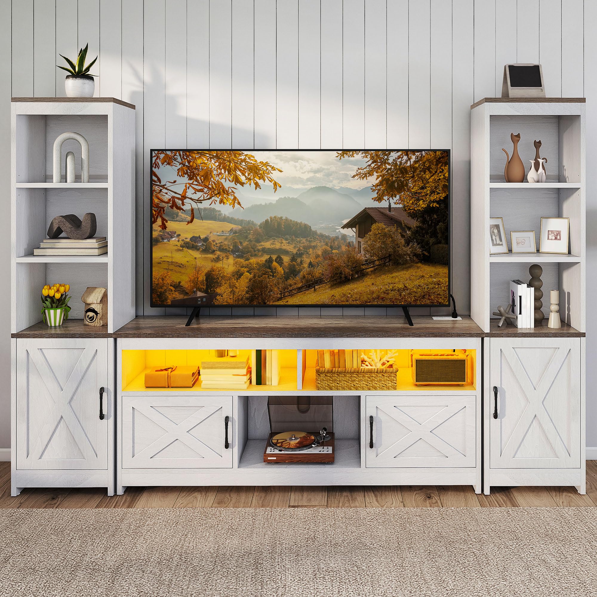 Farmhouse TV Stand for 65" TVs with LED Lights & Storage