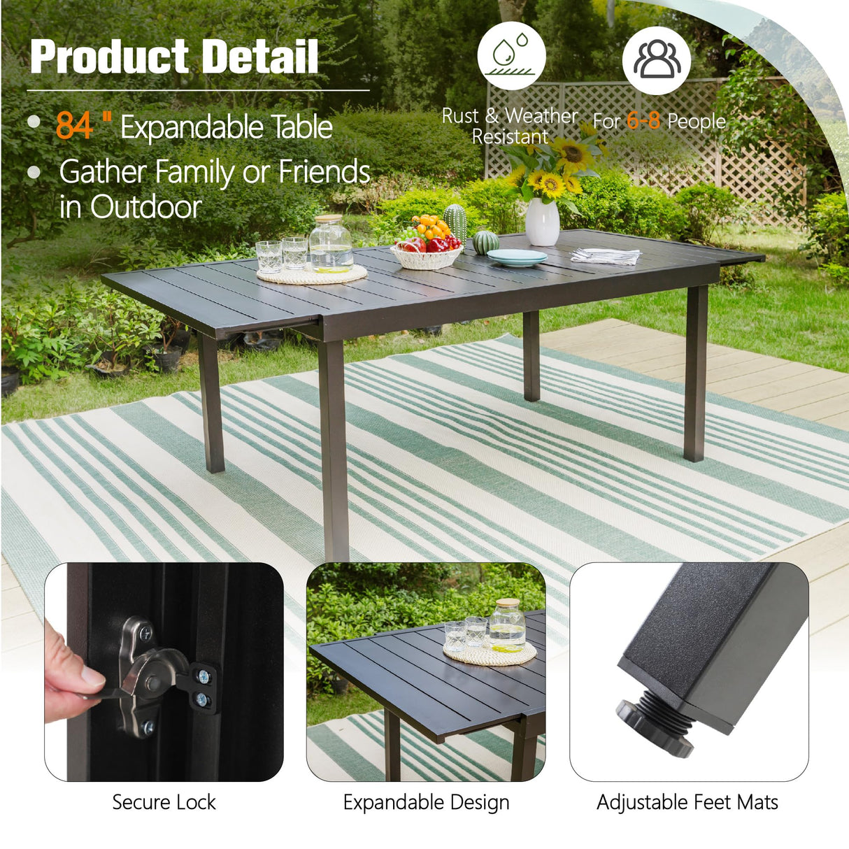 Black Expandable Patio Dining Tables Metal Outdoor Table for 6-8 Person Lawn Garden