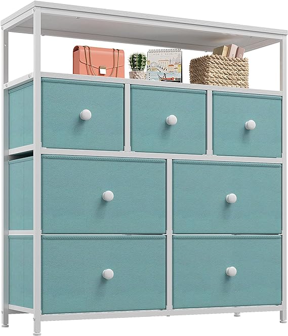 Pink Dresser for Bedroom with 7 Drawers and 2 Shelves