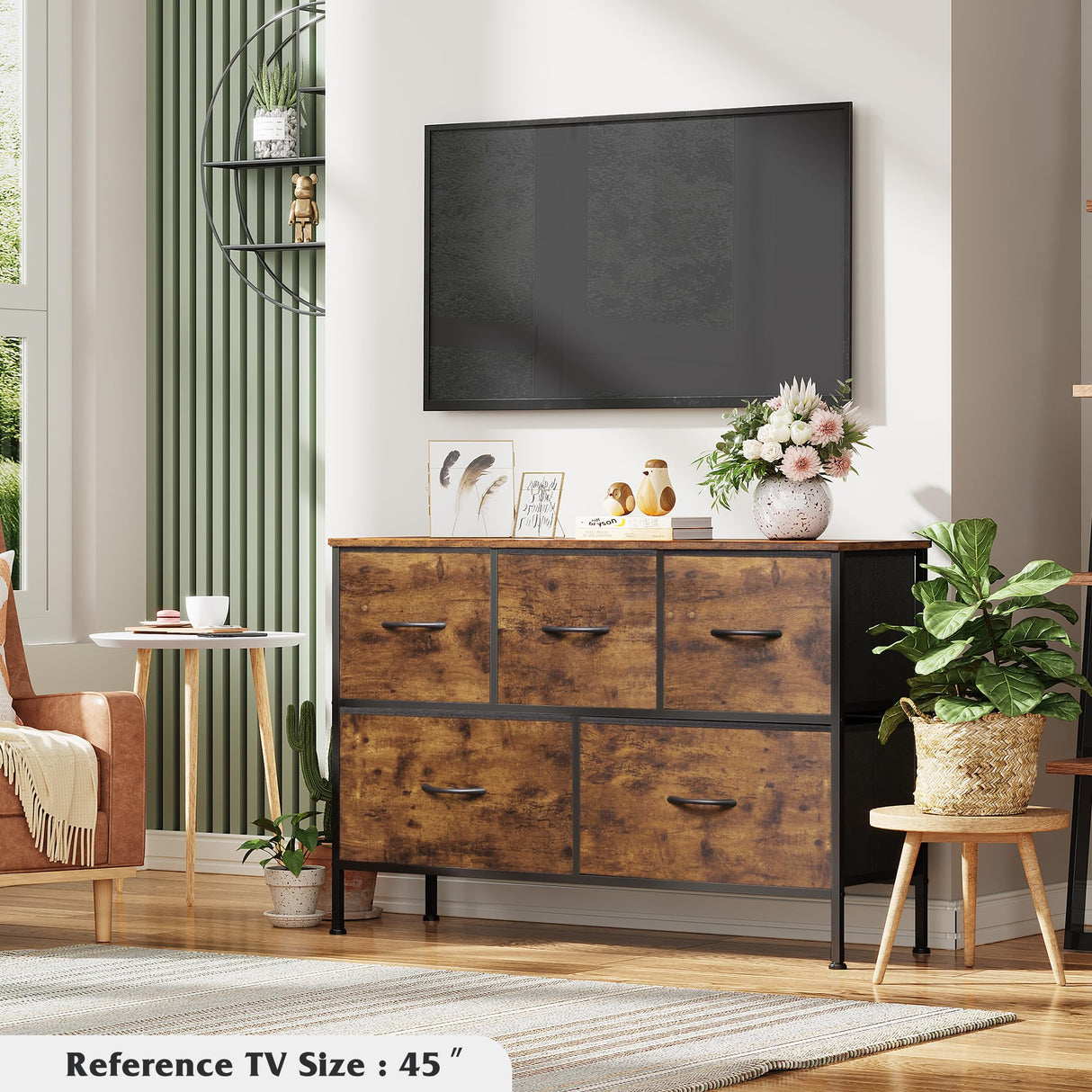Dresser for Bedroom with 5 Drawers, Long Fabric Dresser
