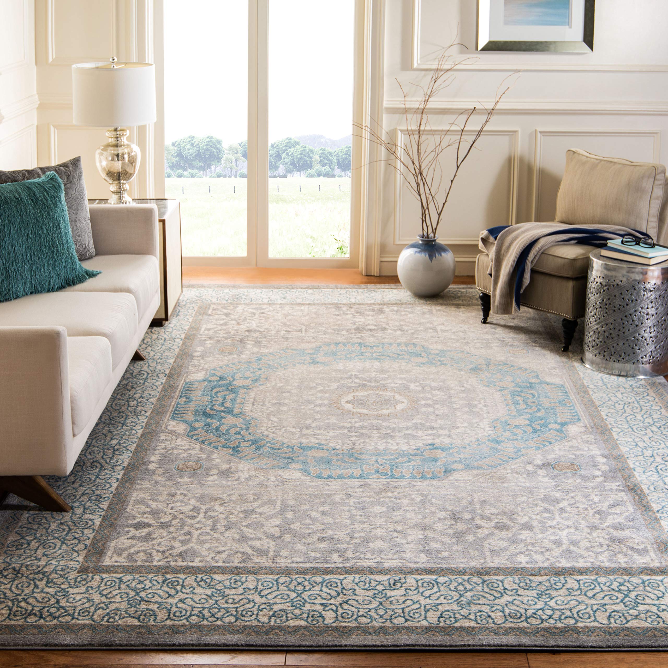Sofia Collection 6'7" Square Light Grey/Blue SOF365A Vintage Oriental Distressed