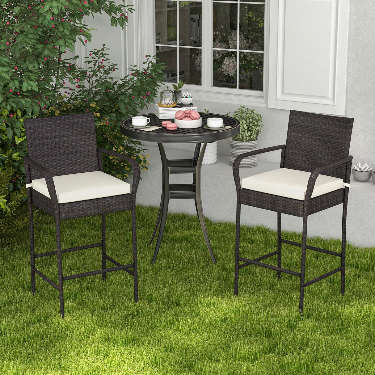 Patio Wicker Barstools Set of 2, Outdoor PE Rattan Bar Chairs with Armrests & Soft Cushiontables