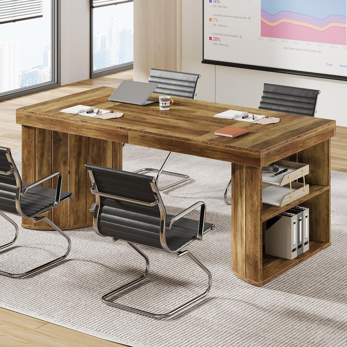 63-Inch Conference Table with Storage, Farmhouse Meeting Room Tables for 4-6 People,