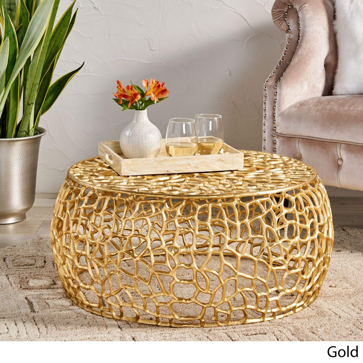 310321 Coffee Table, Gold, 27.5 in x 27.5 in x 12.5 in