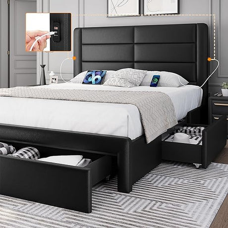 Queen Size Bed Frame with 2 USB Charging Station