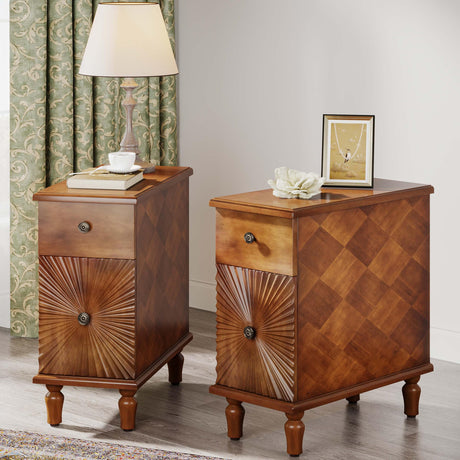 Sunburst End Table Set of 2, No Assembly Required 2 Drawers Sofa Side Table with Sunbeam Texture