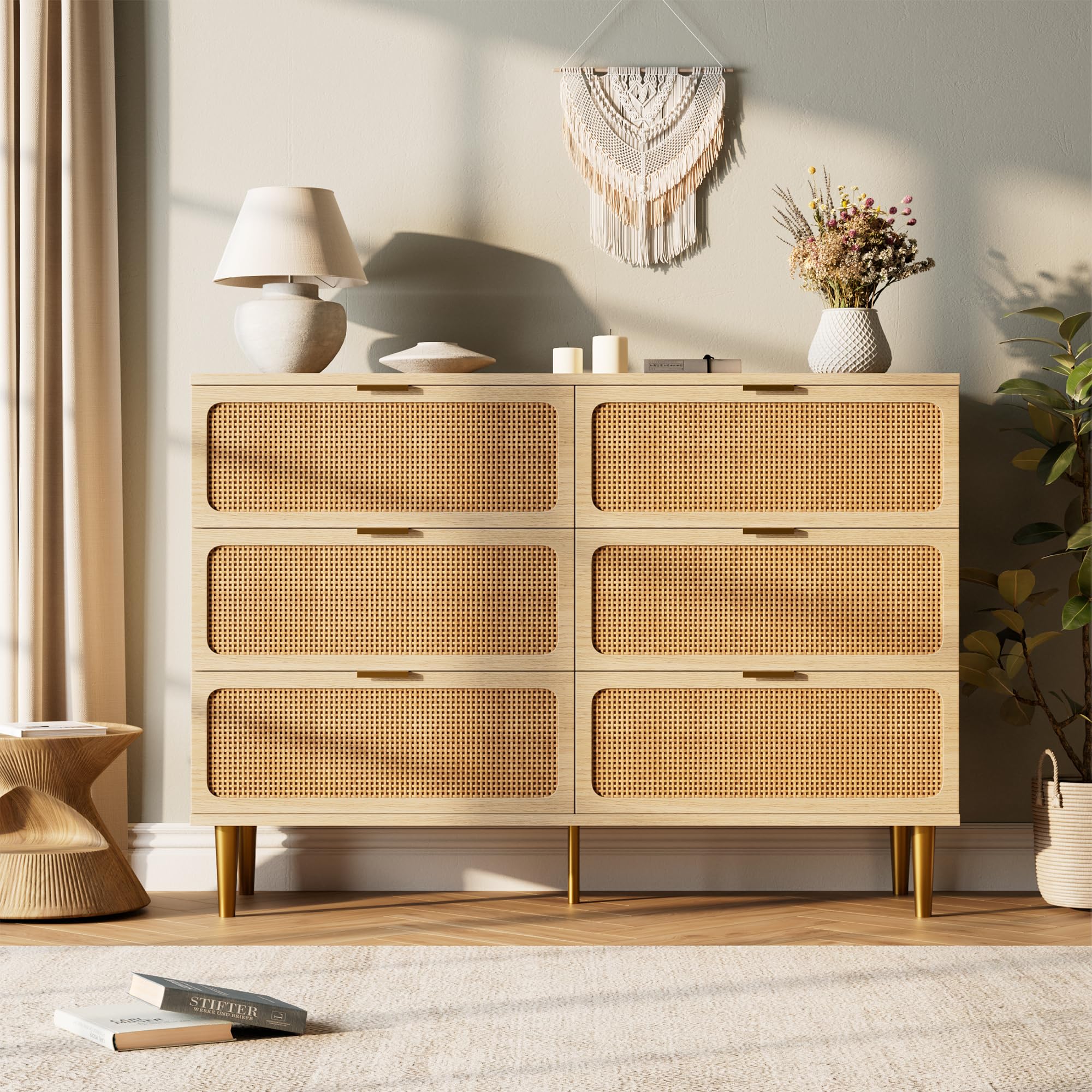 Rattan 6 Drawer Dresser for Bedroom, Large Double Dresser