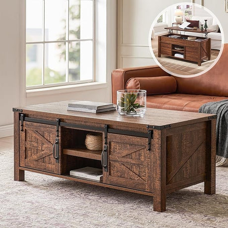 48" Farmhouse Lift Top Coffee Table with Sliding Barn Door,Rustic Center Table