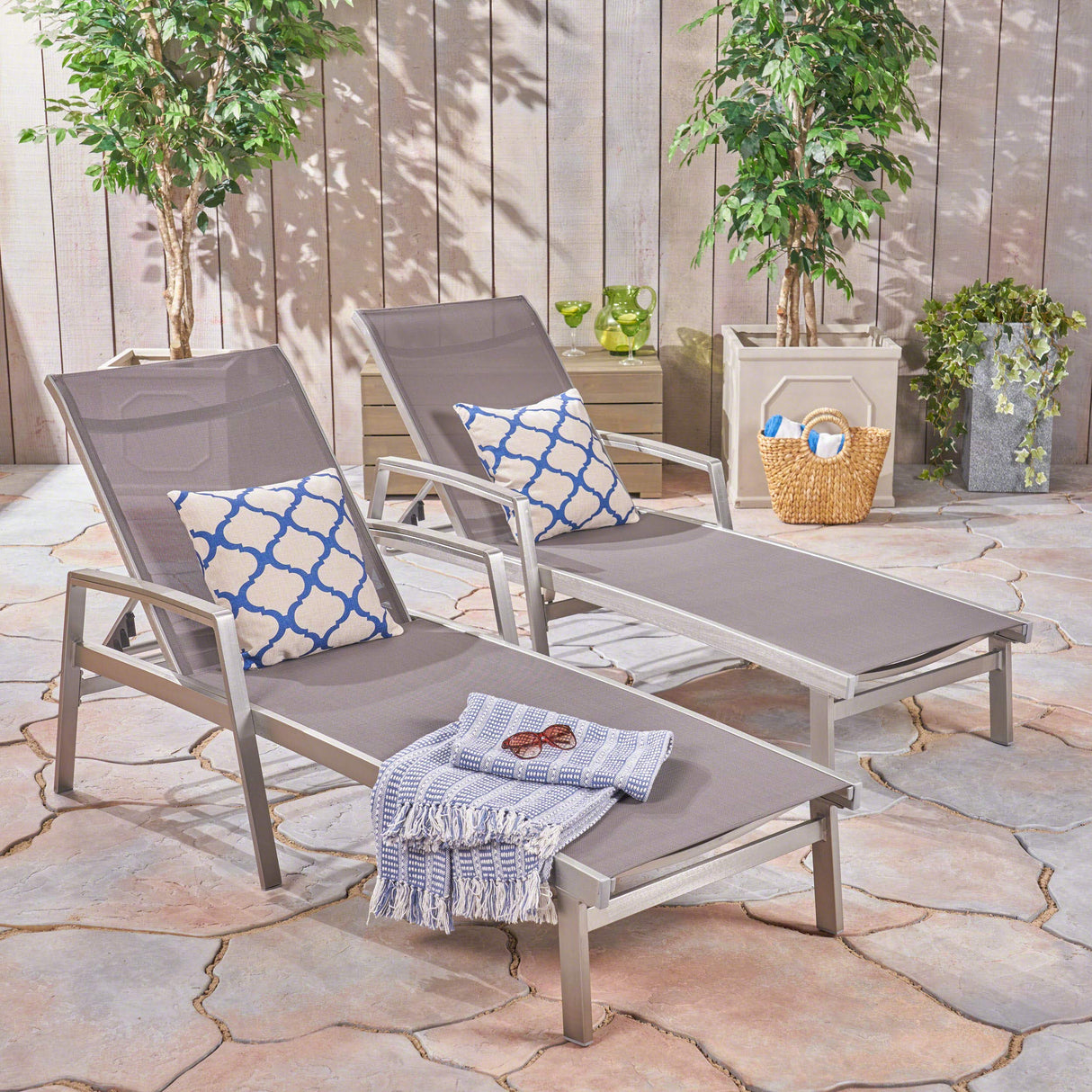 Joy Outdoor Mesh and Aluminum Chaise Lounge (Set of 2), Gray