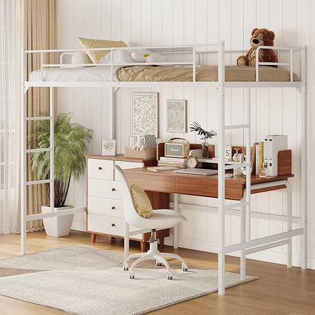 Twin Size Loft Bed with Desk, Multifunctional Metal Loft Bed Frame with Ladder and Full