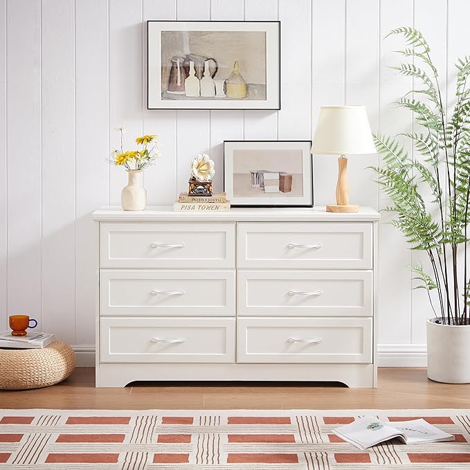 White Dresser for Bedroom, 6 Drawer Dressers with Antique Handles, Wood Chest of