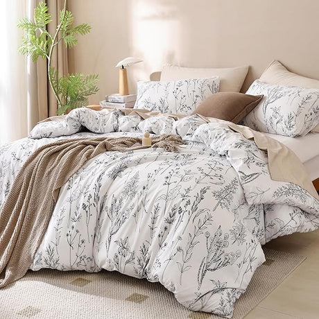 King Size Comforter Set - Floral King Comforter Set, King Size Comforter for All Seasons, 3 Pieces, 1 Comforter (90"x104") & 2 Pillow Cases (20"x36"), Gray