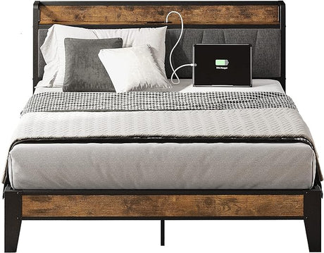 King Size Bed Frame, Storage Headboard with Charging Station, Solid and Stable