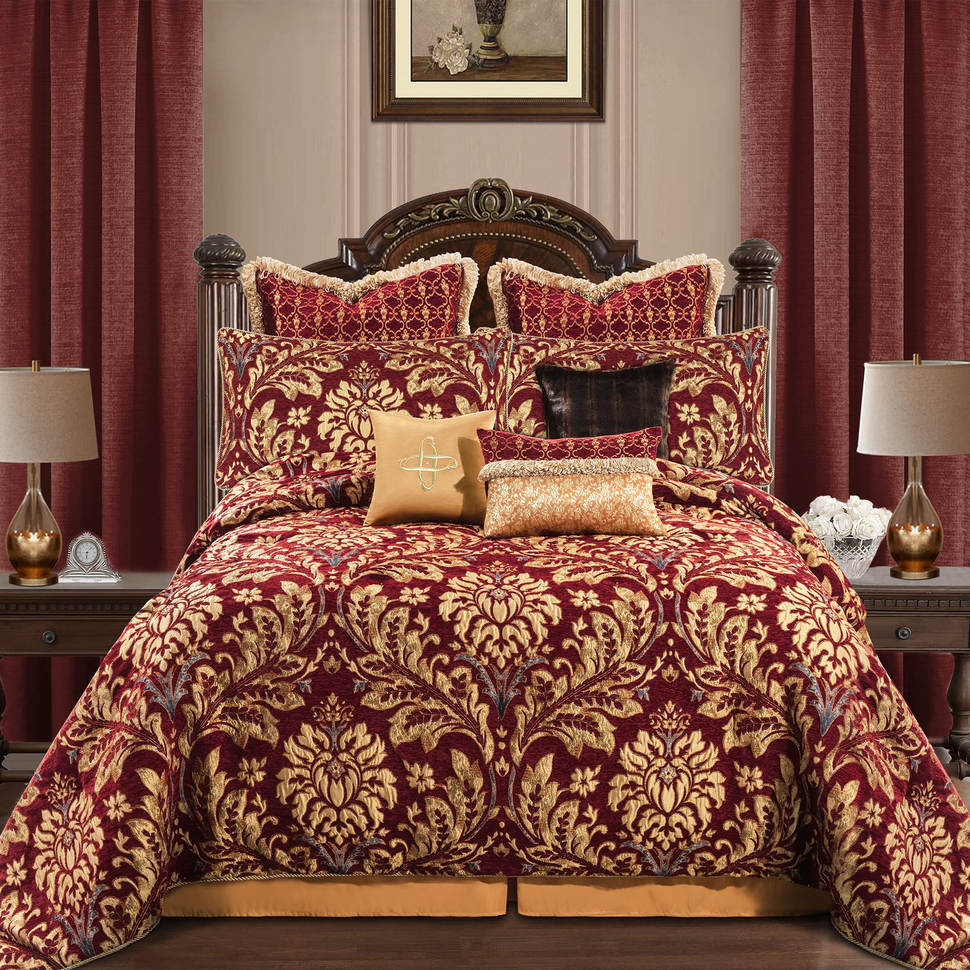 9-Piece Chenille Jacquard Comforter Set - Luxury Floral Bedding Queen