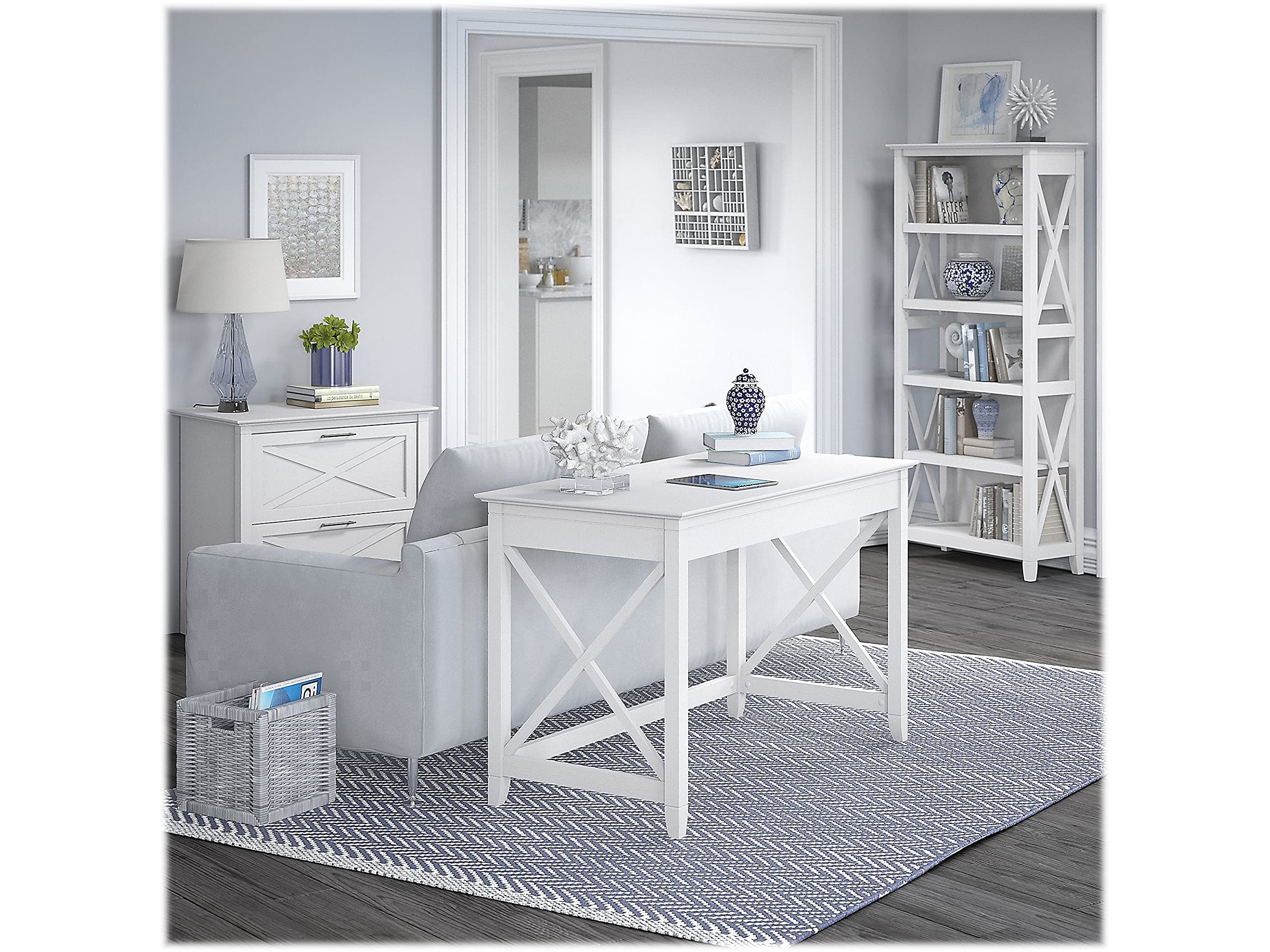 Key West 48W Writing Desk with 2 Drawer Lateral File Cabinet and 5 Shelf Bookcase