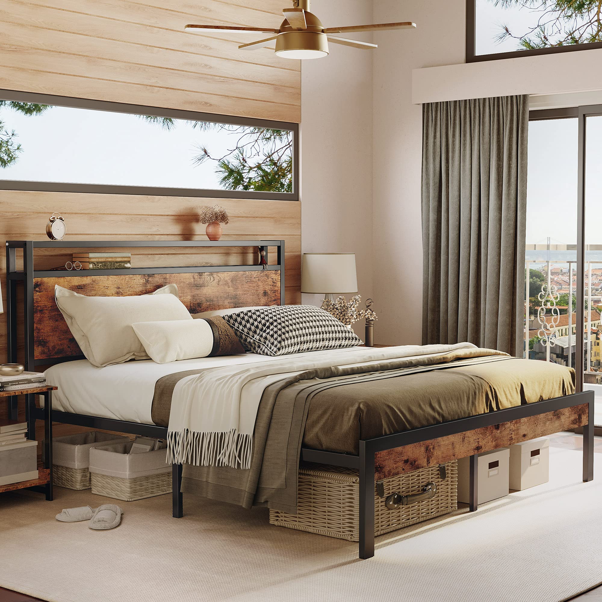 Queen Bed Frame, Platform Bed Frame with 2-Tier Storage Headboard and Strong Support Legs,