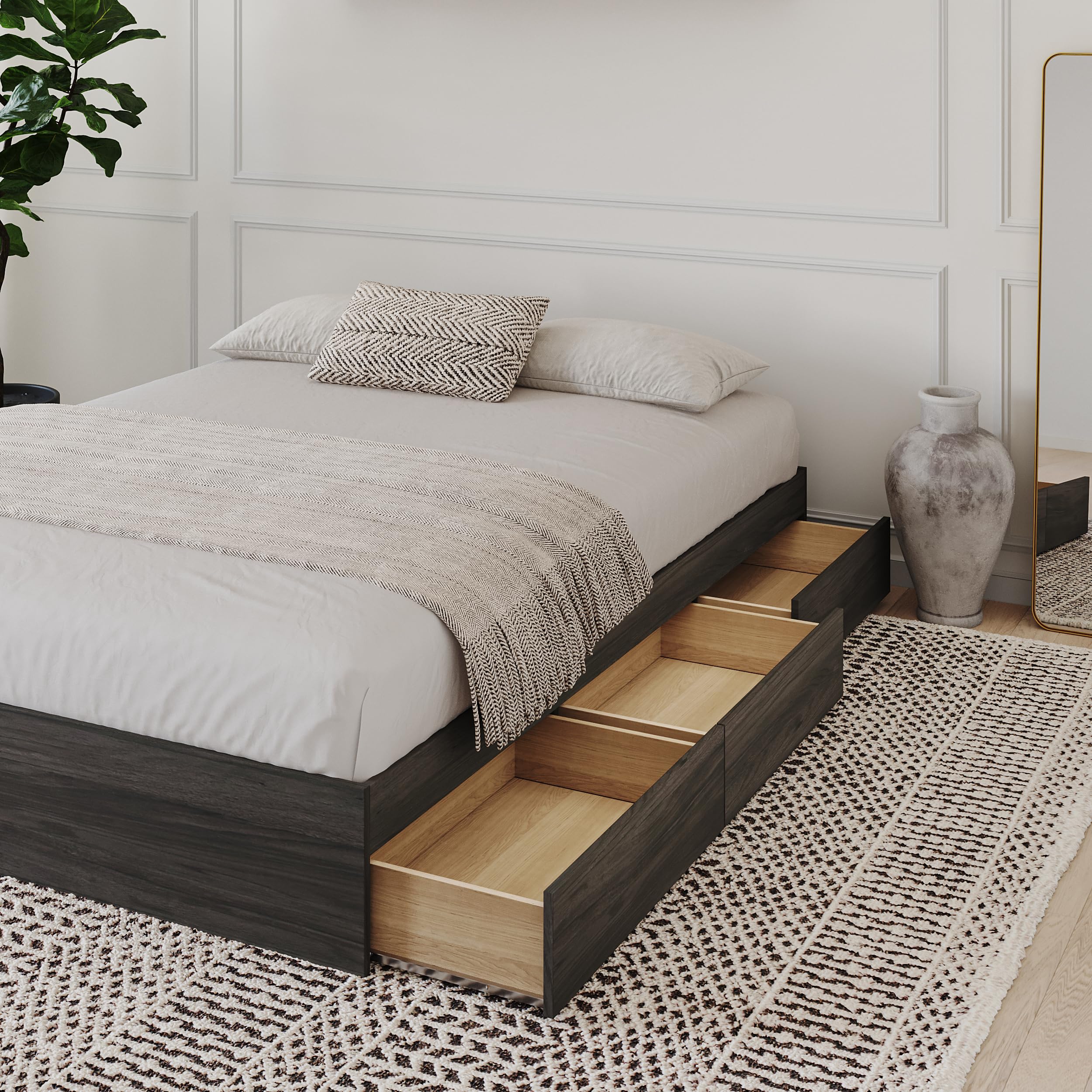 Grey Queen Size Storage Platform Bed