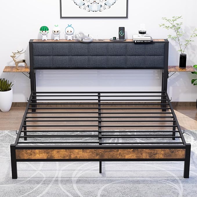 with Ergonomic Upholstered Headboard and Charging Station, Platform Bed Frame