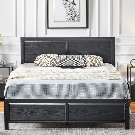 Queen Size Platform Bed Frame with Rustic Vintage Wood Headboard