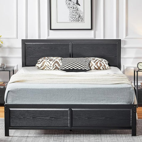 Full Platform Bed Frame/Mattress Foundation with Rustic Vintage Wood Headboard,