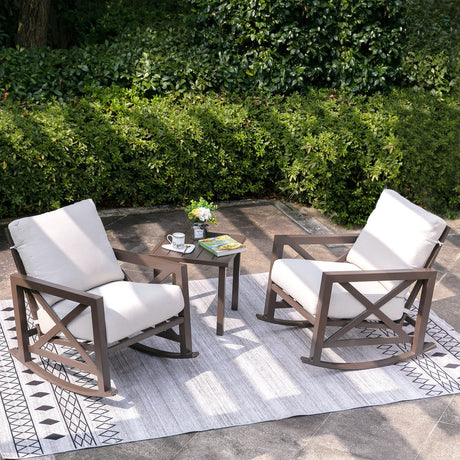 NATURAL EXPRESSIONS Rocking Bistro Set, 3 Piece Outdoor Patio Conversation Furniture Set with 2 Rockers and 1 Metal Coffee Table with Thick Cushions for Backyard,Porch,Poolside,300lbs