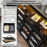 9Black Dresser with LED Light 12 Drawers Dresser with Charging Station Dresser