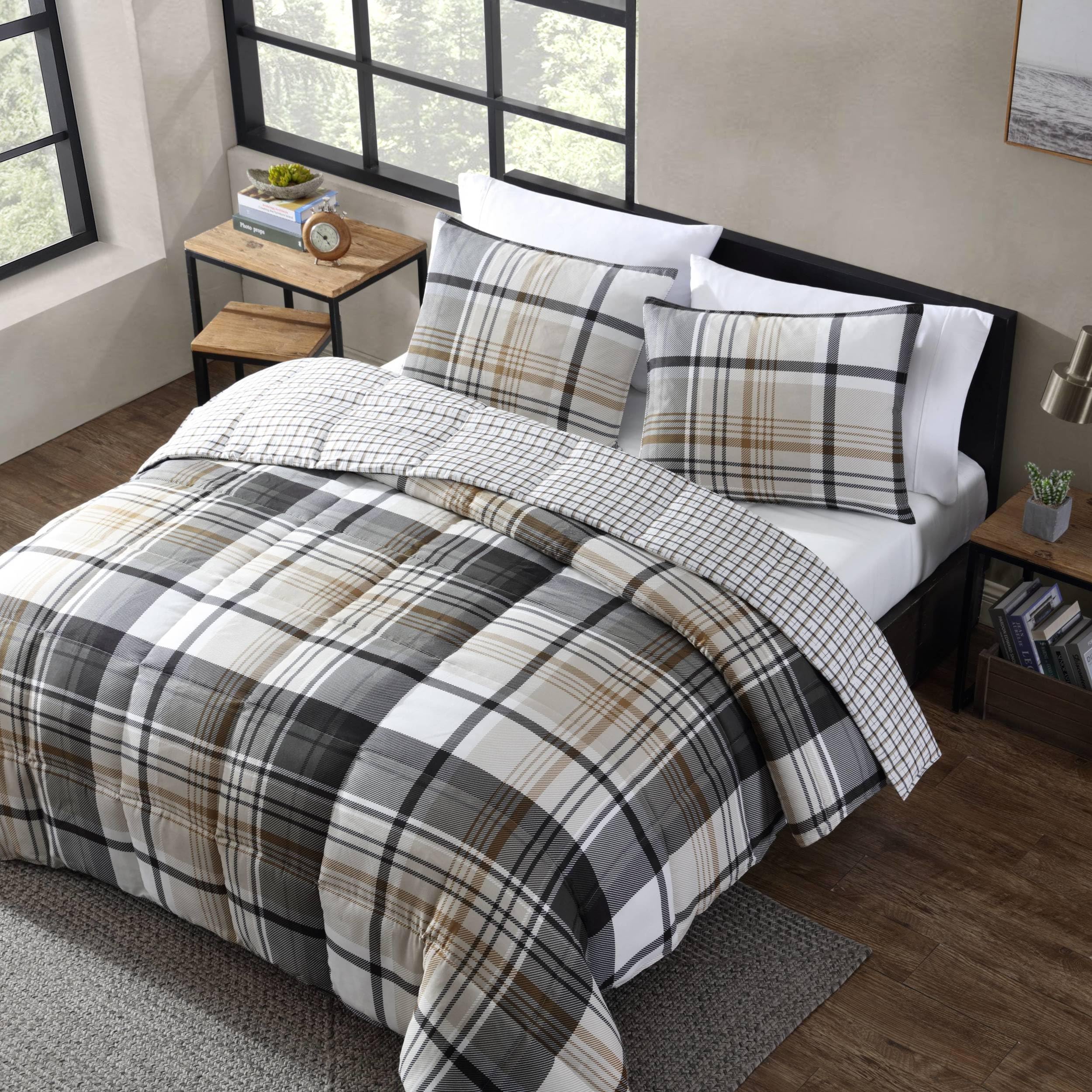 Normandy Grey Plaid King Comforter Set - Reversible Bedding