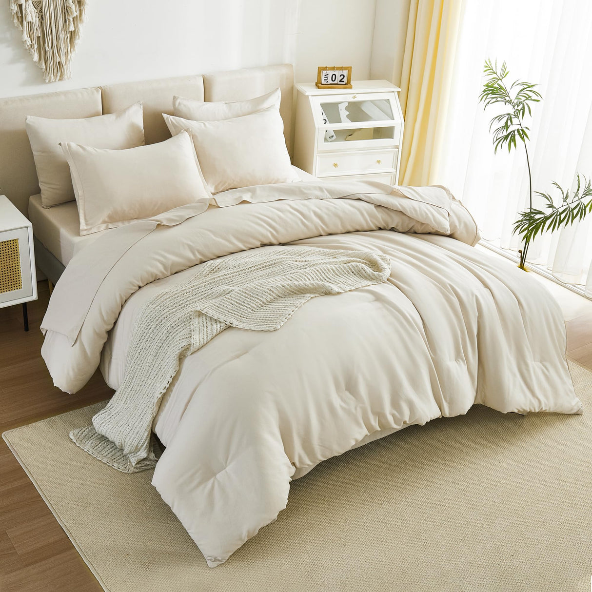 California King Comforter Set Beige - 7 Pieces Bed in a Bag Cal King Beddding Comforter