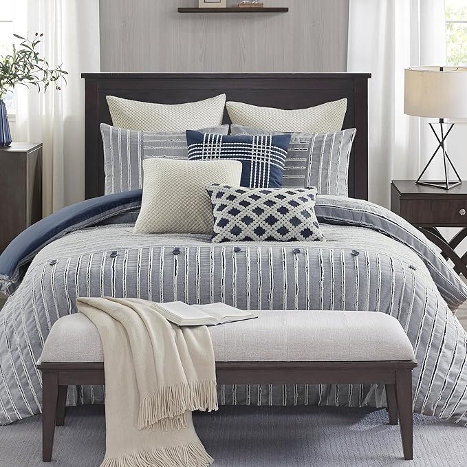 King Comforter Set Clipped Jacquard Stripes with Buttons Boho Comforter for a King