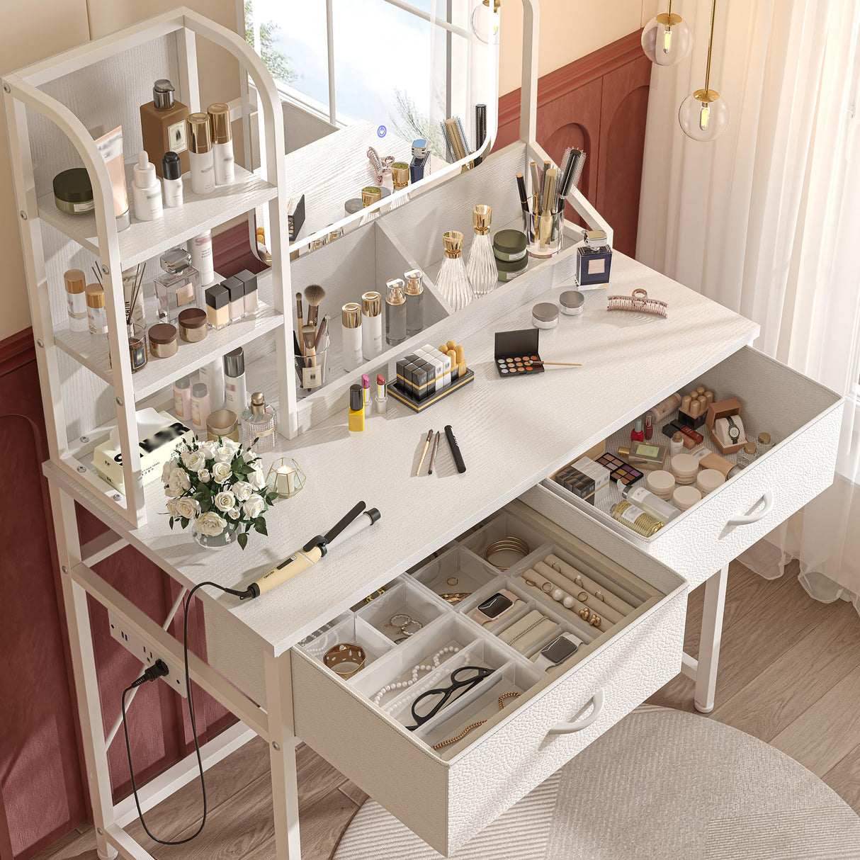 White Vanity Desk with Mirror and Lights, Small Makeup Vanity Desk with Fabric Drawers & Power Outle