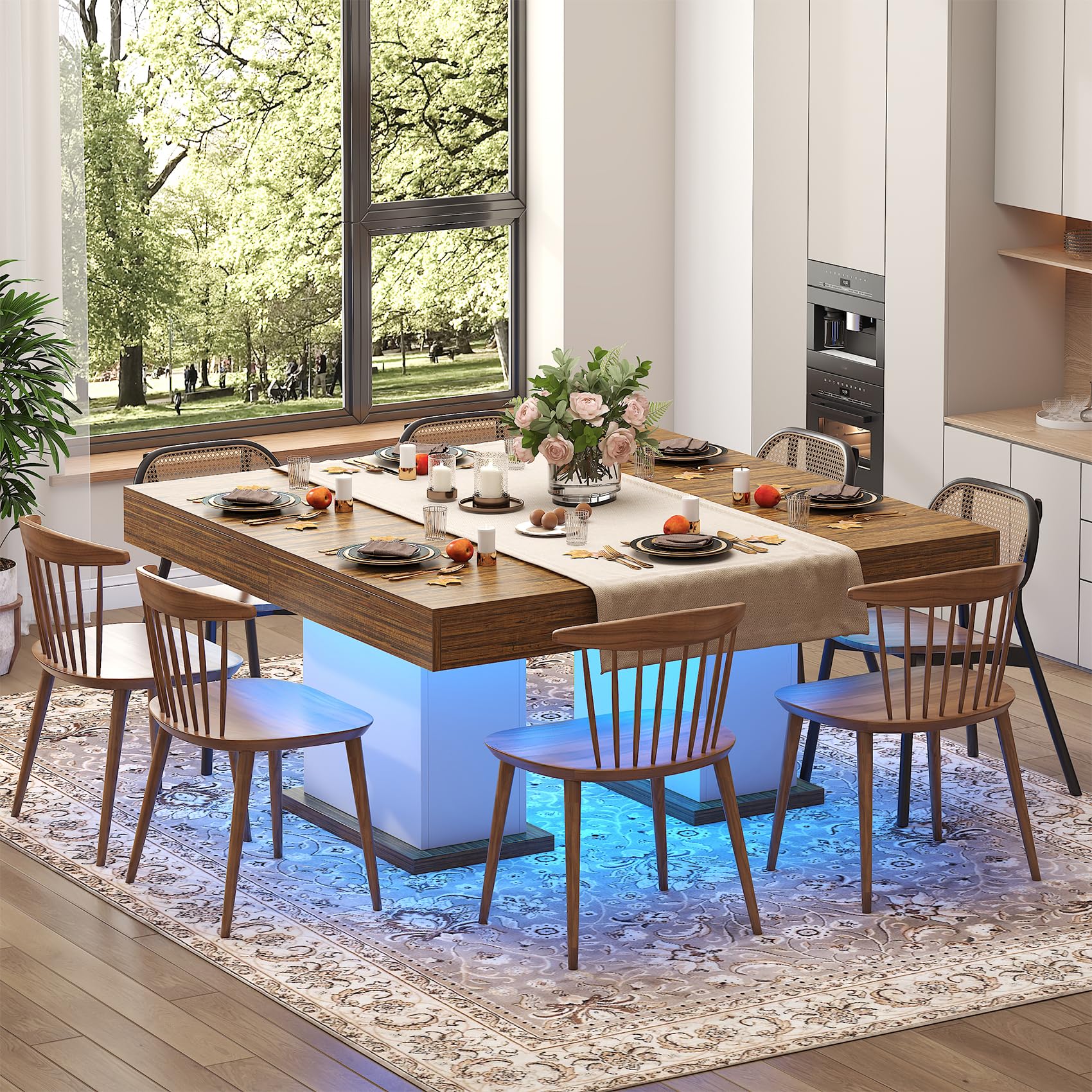 55-Inch Dining Table with Drawers & LED Lights - White & Rustic Brown