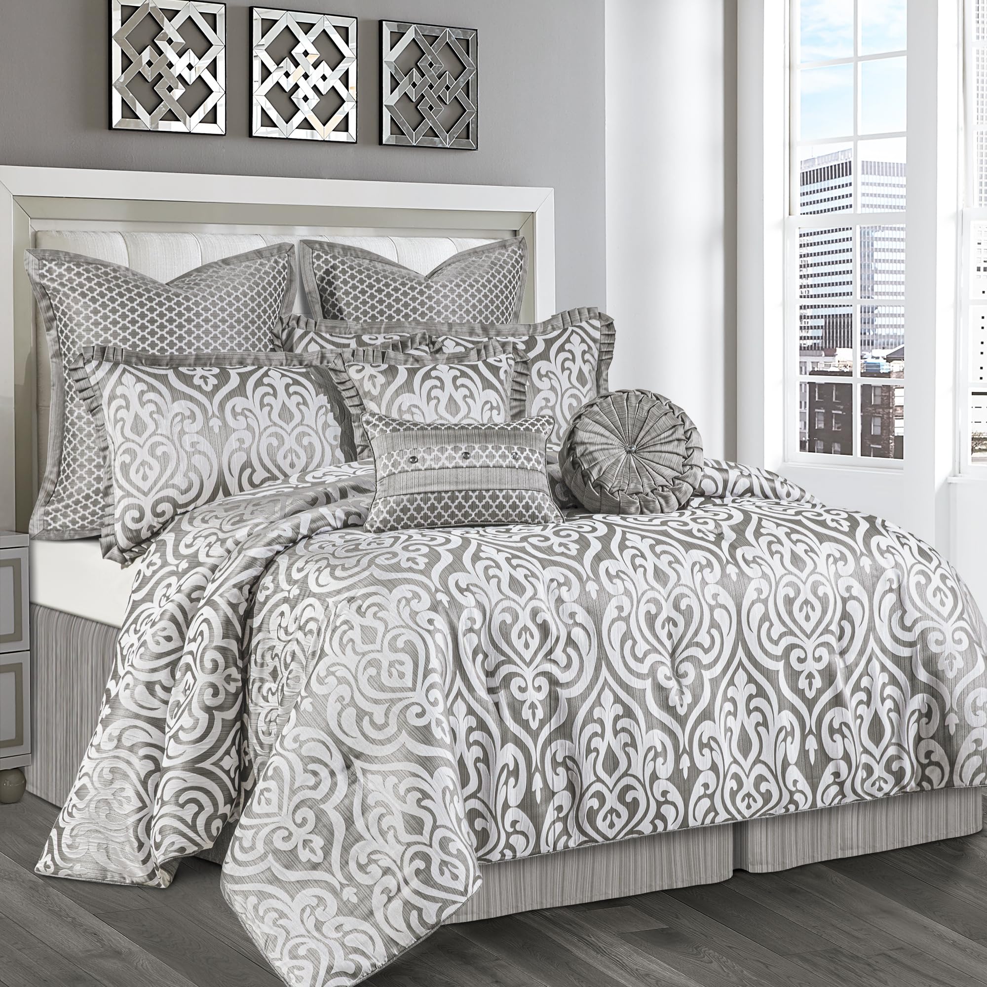 9-Piece Jacquard Damask Comforter Set - Queen Size Silver Gray