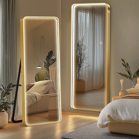 Full Length Mirror with LED Lights, 64"x20"Floor Mirror with Stand Wall Mounted Hanging Mirror with Lights Free Standing Floor Mirror for Bedroom， Dressing Room, Rectangle&Gold