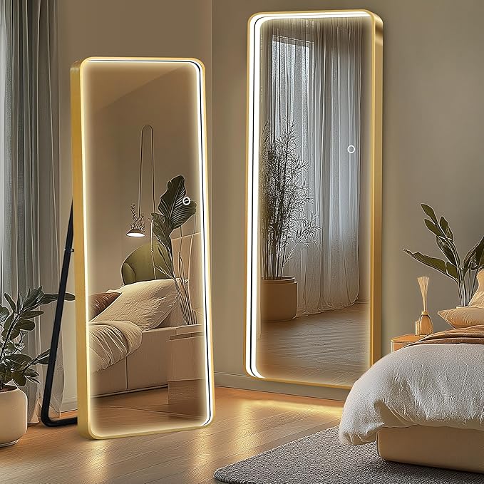 Full Length Mirror with LED Lights, Floor Mirror with Stand Wall Mounted Hanging Mirror