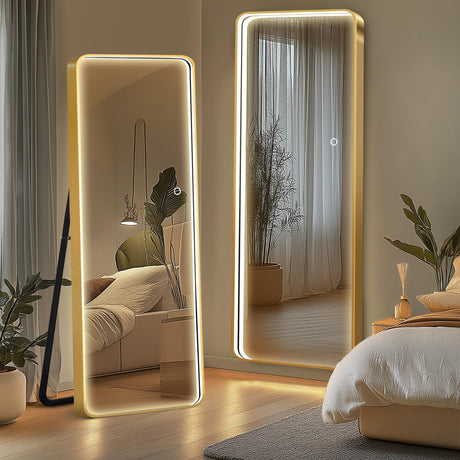 Full Length Mirror with LED Lights, 64"x20"Floor Mirror with Stand Wall Mounted Hanging Mirror with Lights Free Standing Floor Mirror for Bedroom， Dressing Room, Rectangle&Gold