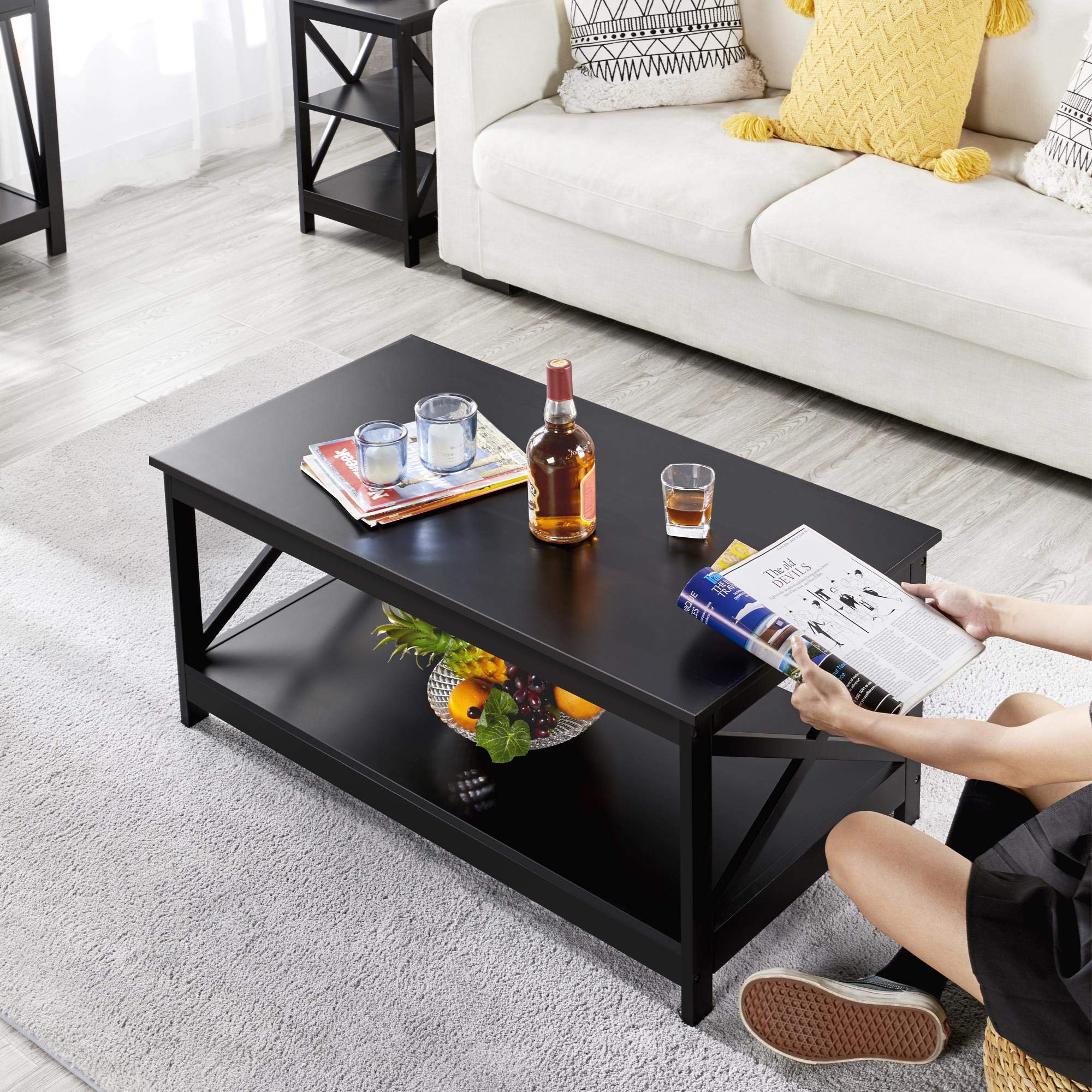 Wood Living Room 3-Piece Table Sets - includes X-Design Coffee Table & Two 3-Tier End
