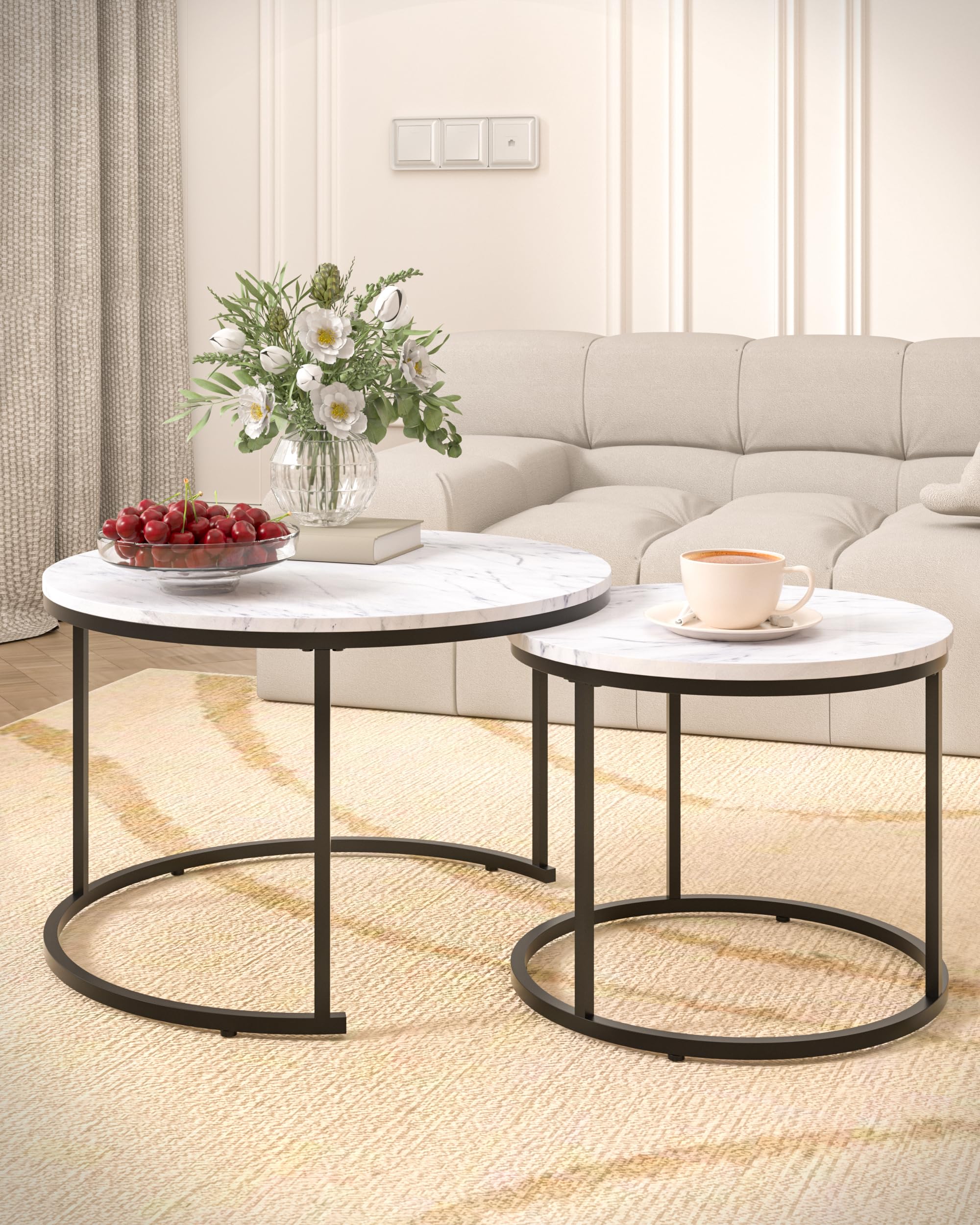 Nesting Coffee Table Set of 2, 27 inch Round Faux Marble Coffee Tables, Modern Nesting Tables