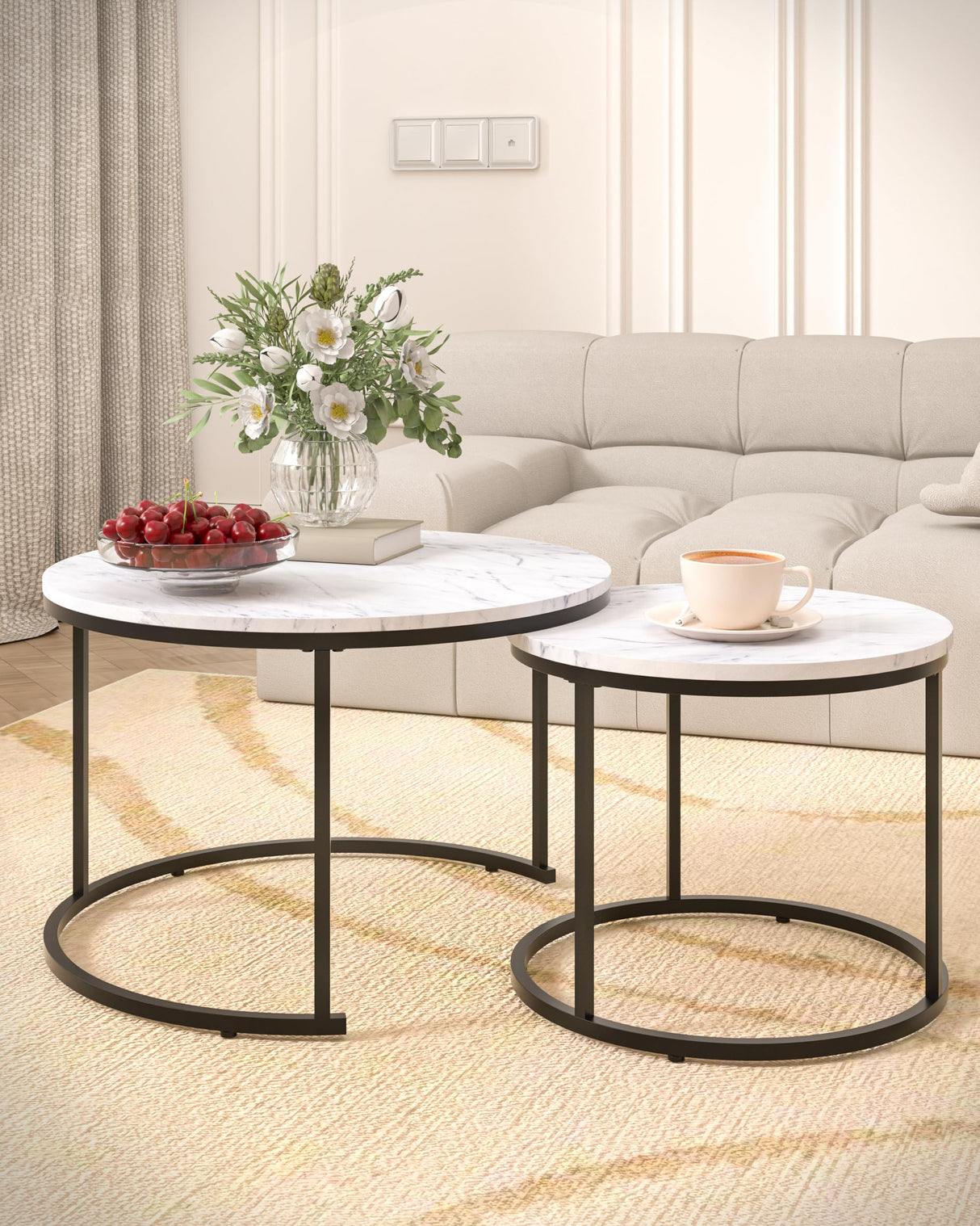 Round Coffee Table Set of 2,Modern Faux Marble Coffee Table for Living Room